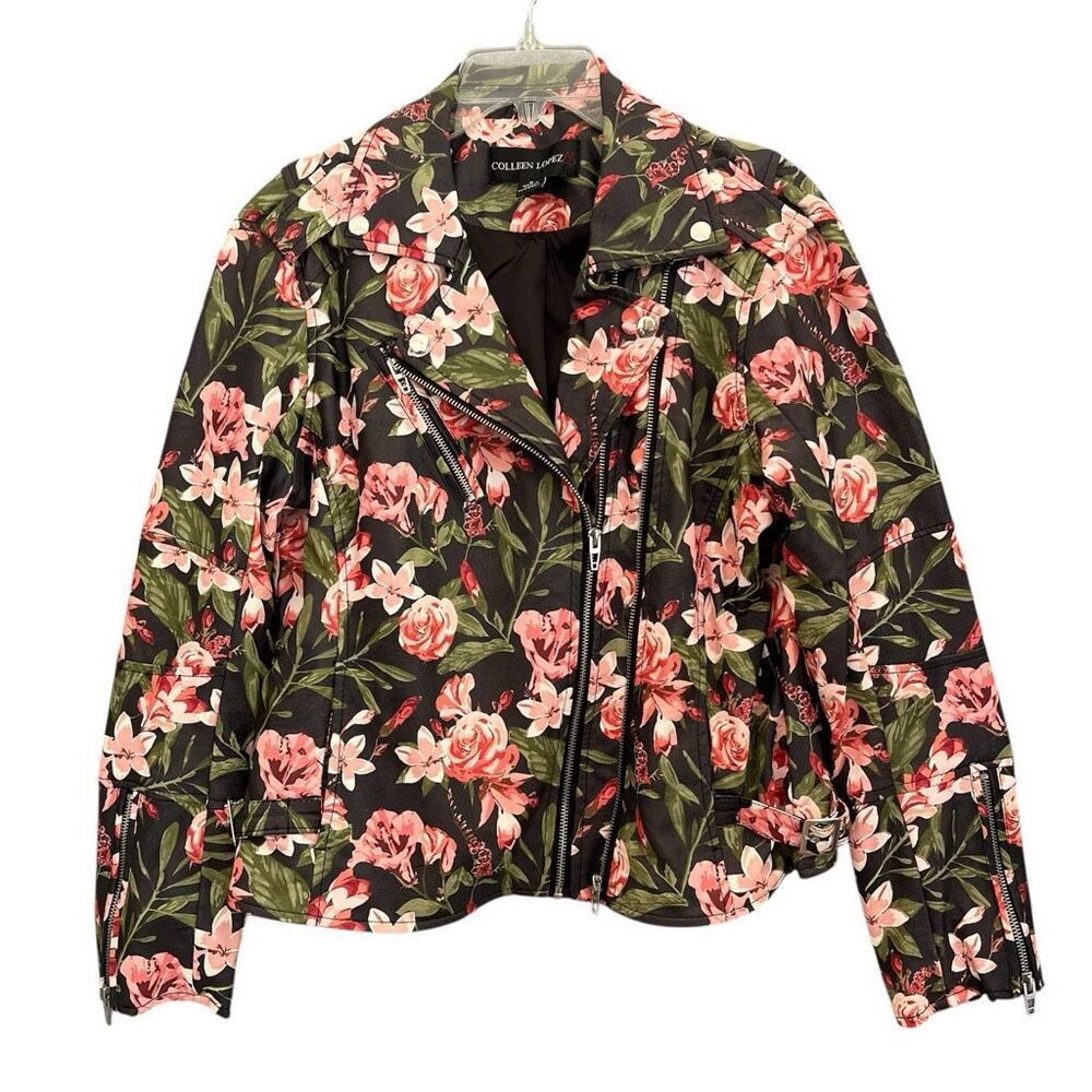 Colleen Lopez Moto Jacket Womens Medium Dark Romance Roses Floral Faux Leather